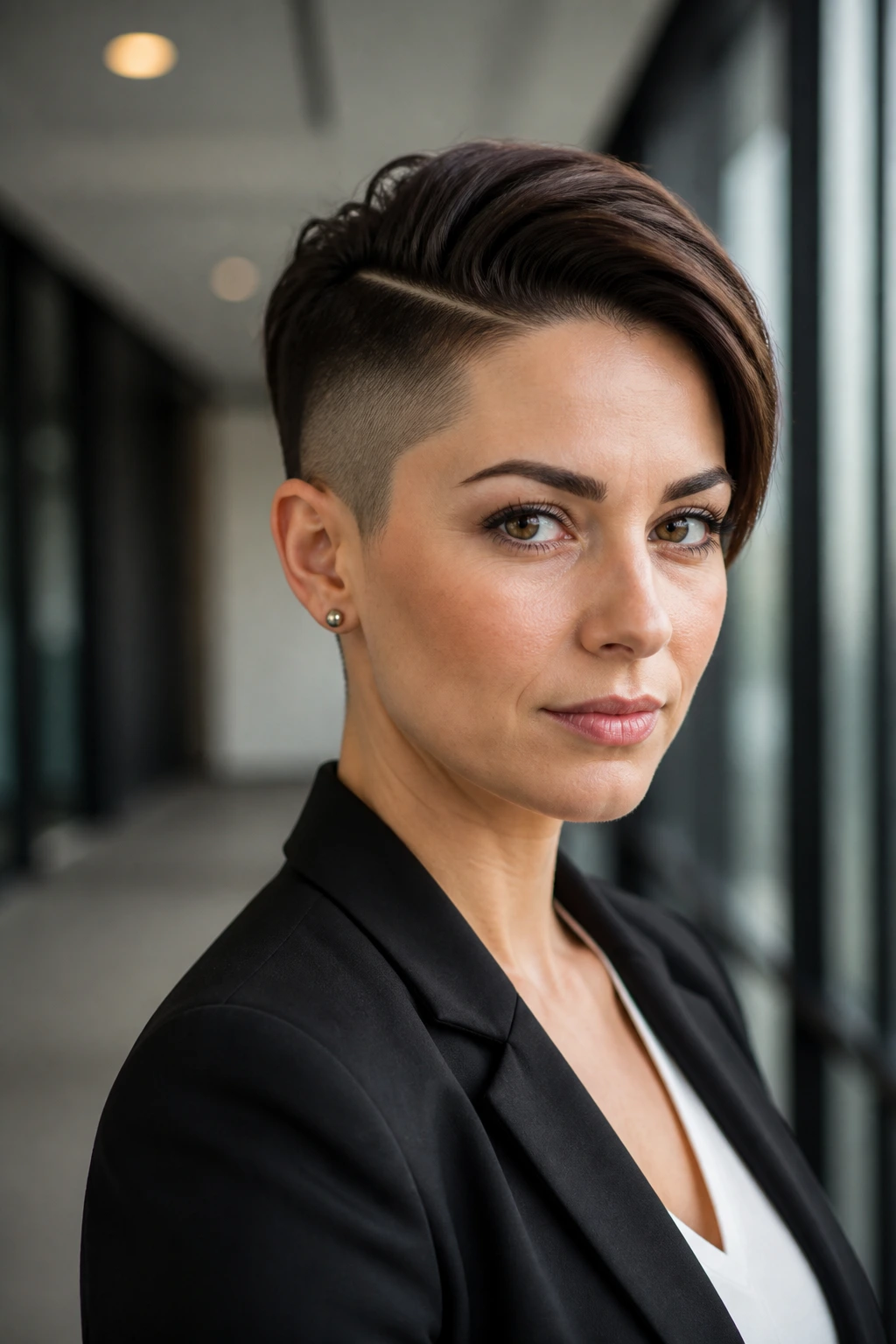Close-up portrait of a woman with undercut pixie in office setting