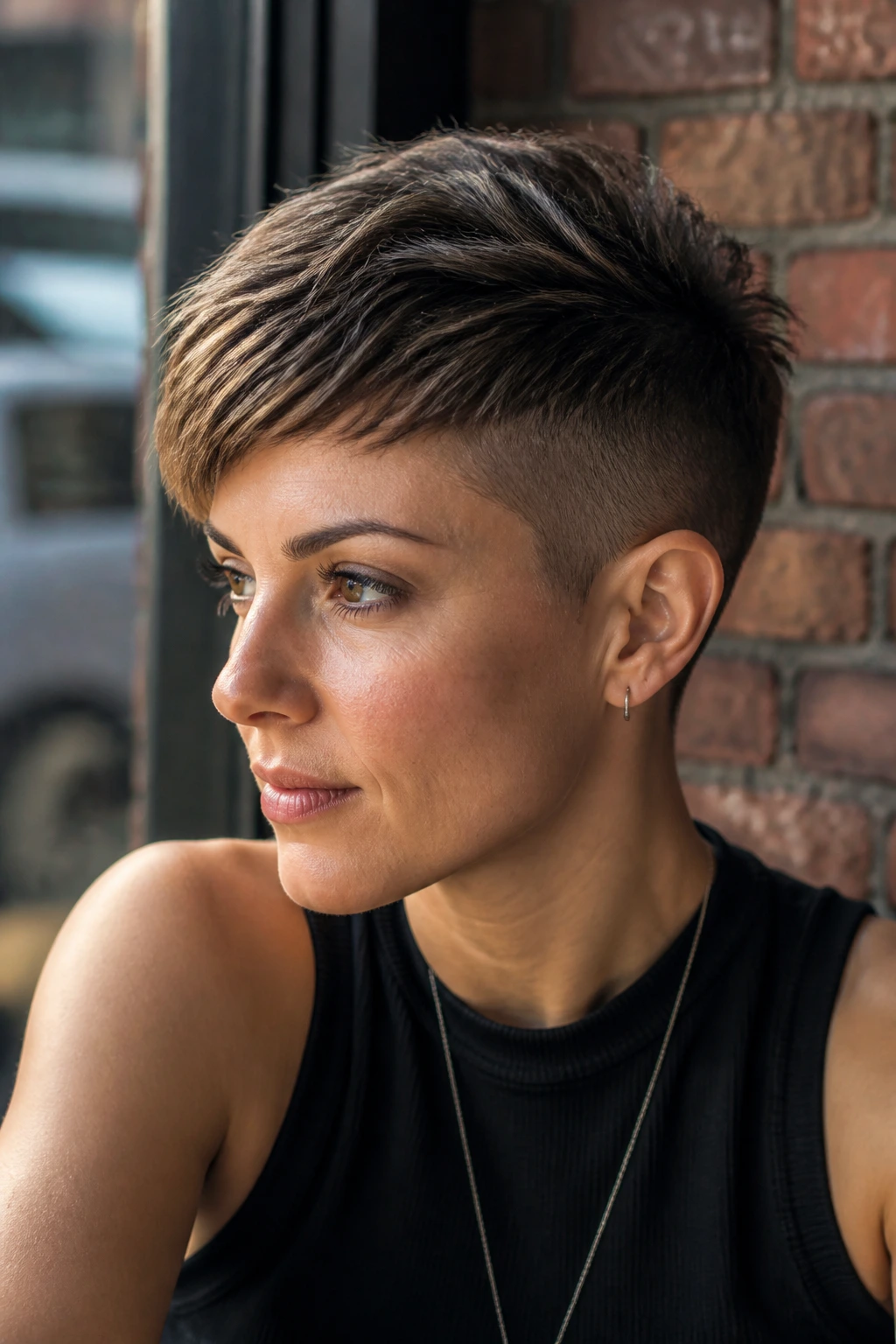 Close-up of real person with shaved sides undercut pixie cut in daylight by cafe window