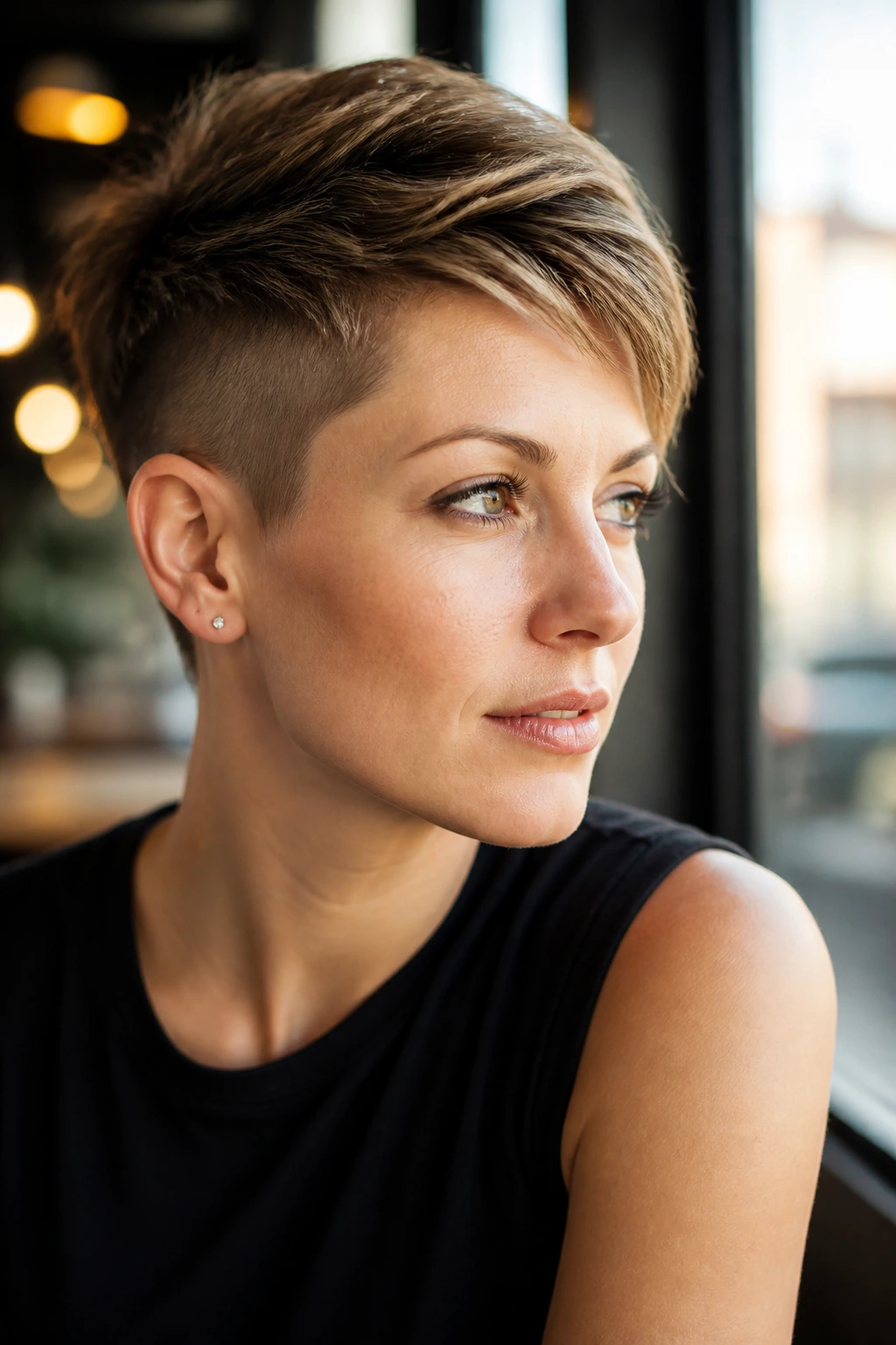 Close-up portrait of a woman with an undercut pixie hairstyle in a sunlit cafe.