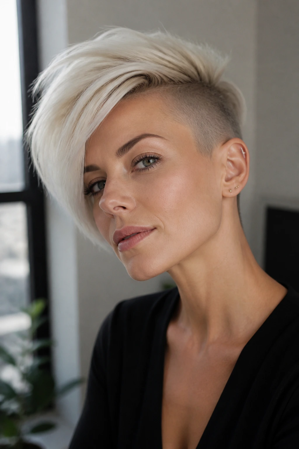 Close-up portrait of a real woman with an undercut pixie and ice-blond top