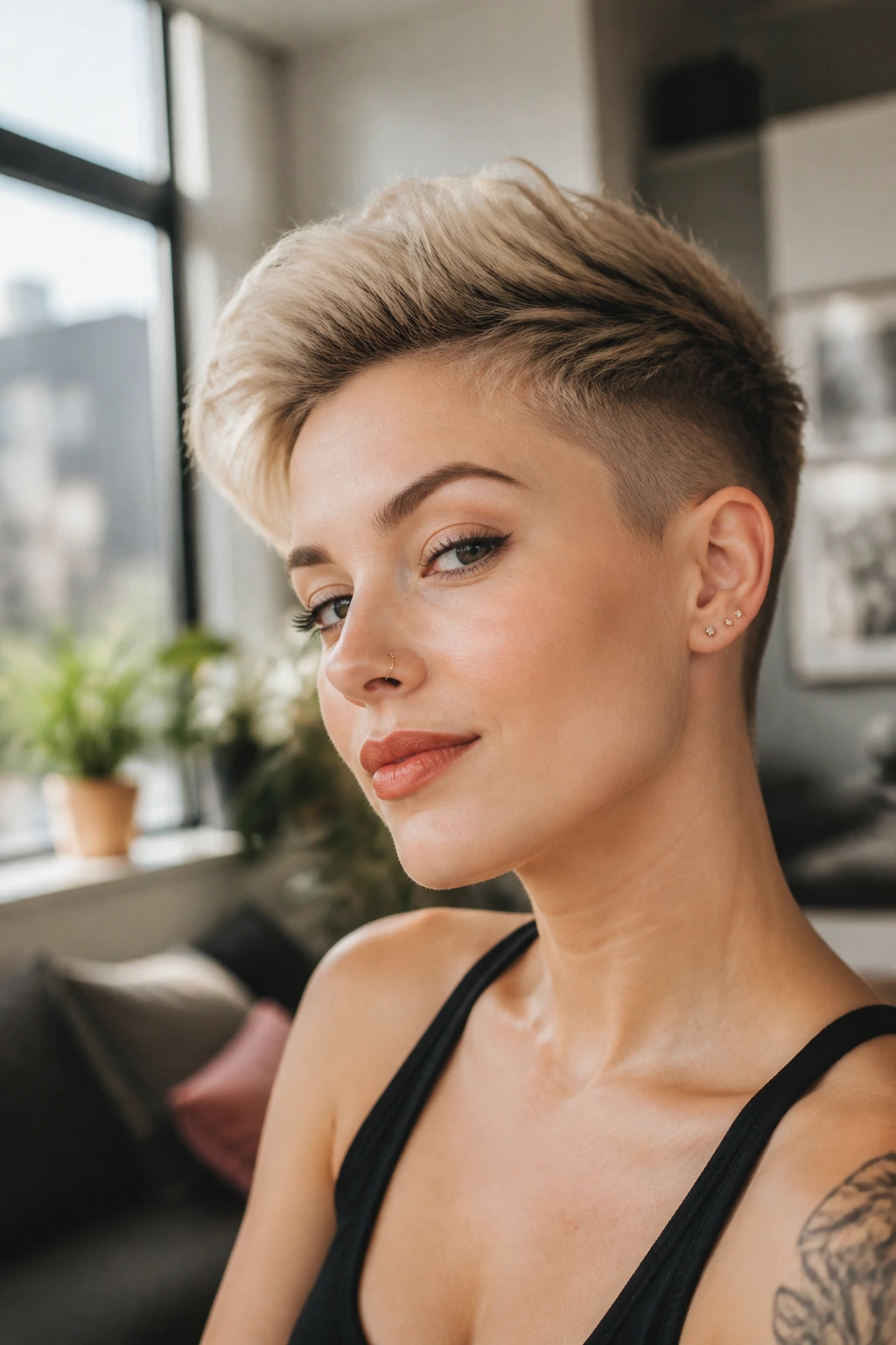 Portrait of a person with an undercut pixie hairstyle