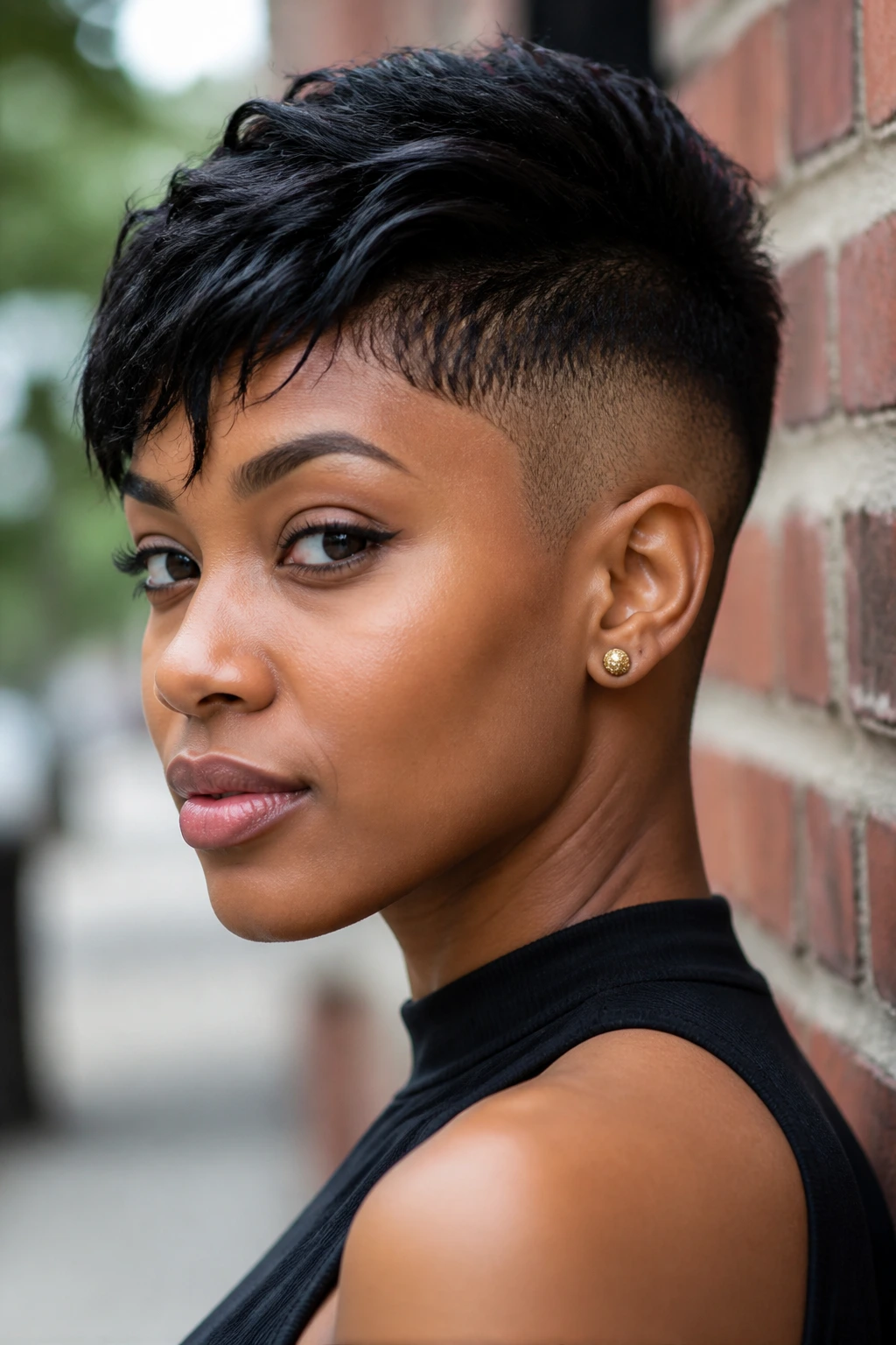 Close-up portrait of a person with an undercut pixie hairstyle