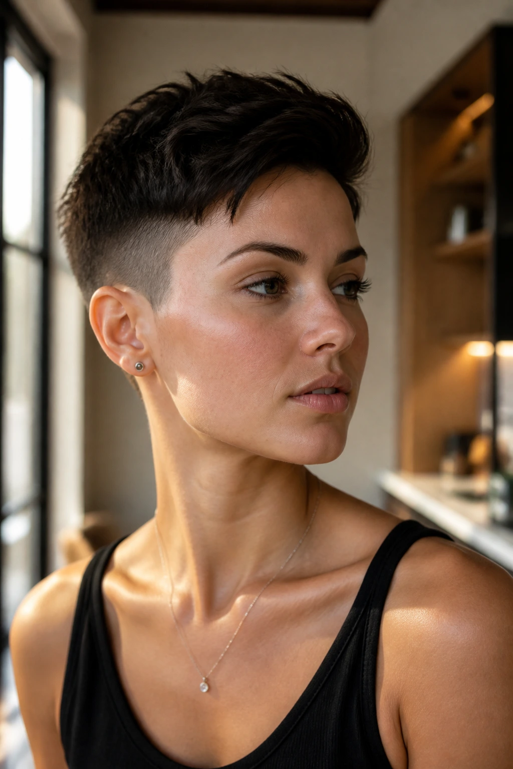 Portrait of a real person with a modern undercut pixie, showing shaved sides and longer top.