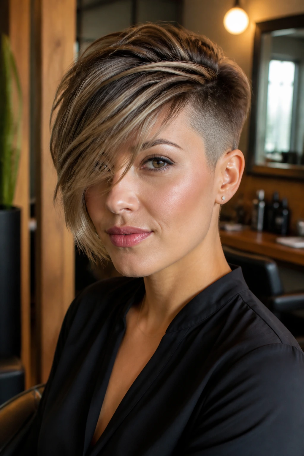 Close-up of undercut pixie with long swooping bangs on a real person.