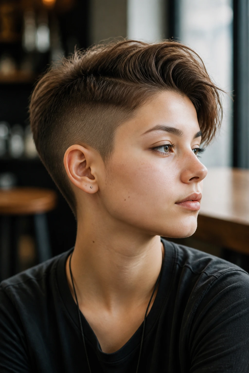 Teen with undercut pixie hairstyle at urban cafe