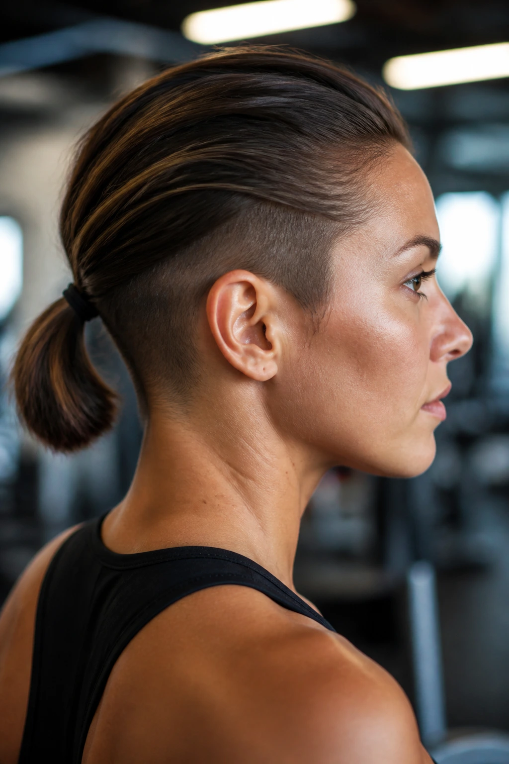 Close-up of a woman wearing a two-layer ponytail for secure workout hold