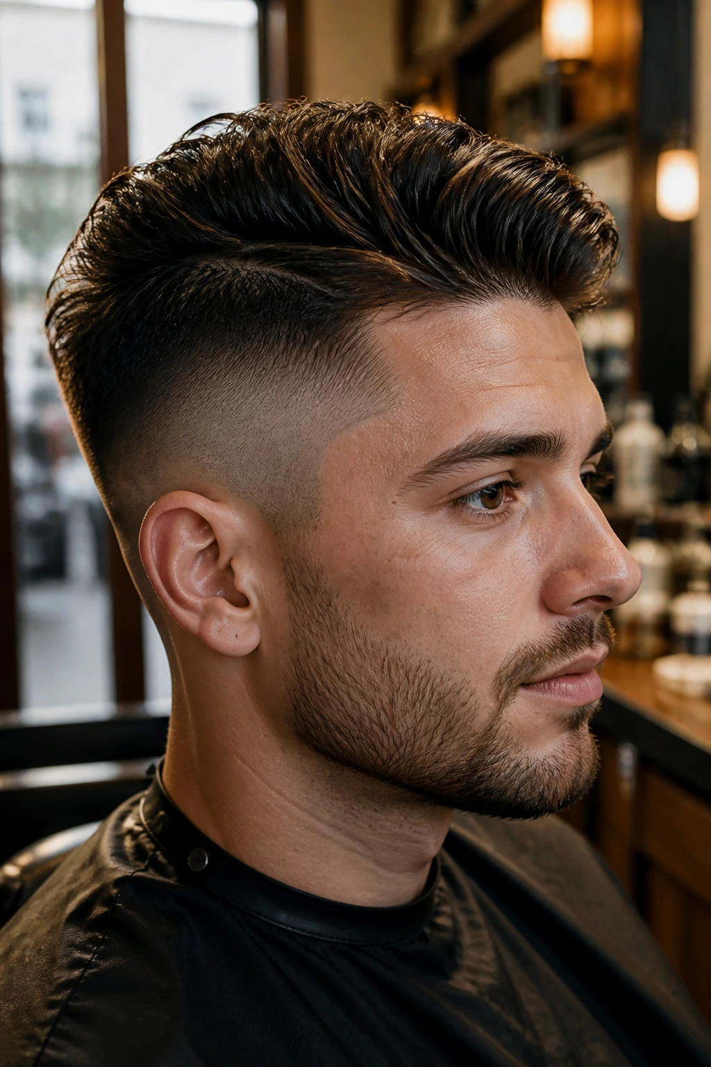 Close-up portrait of a real person with an undercut in a barbershop setting