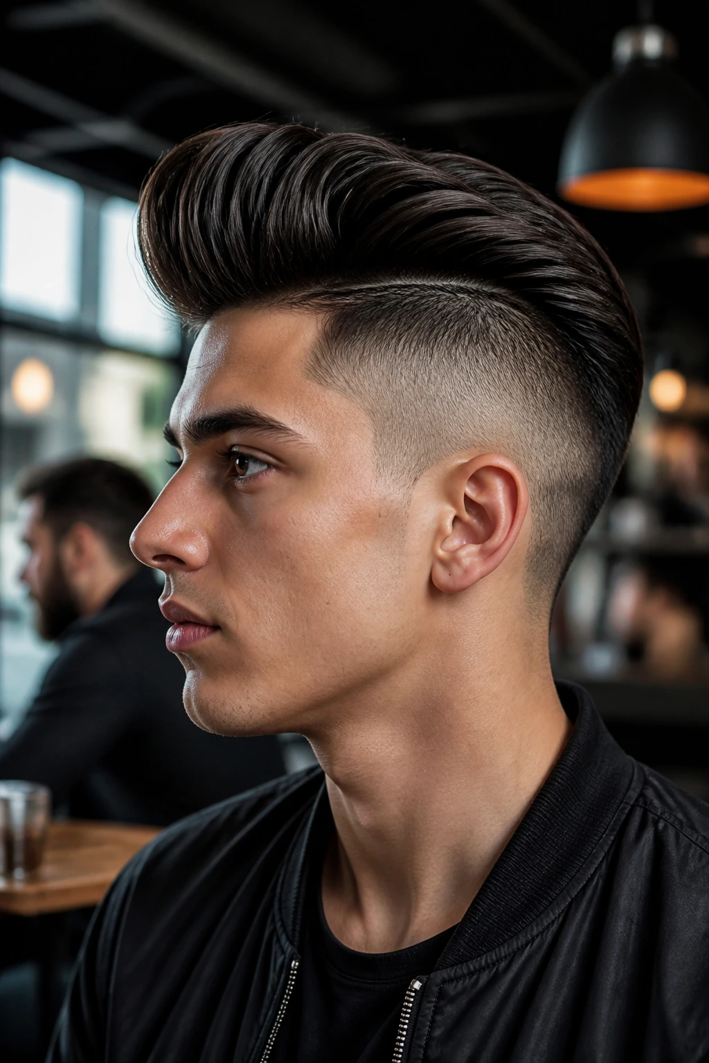 Side-profile portrait of a real person with an undercut quiff.