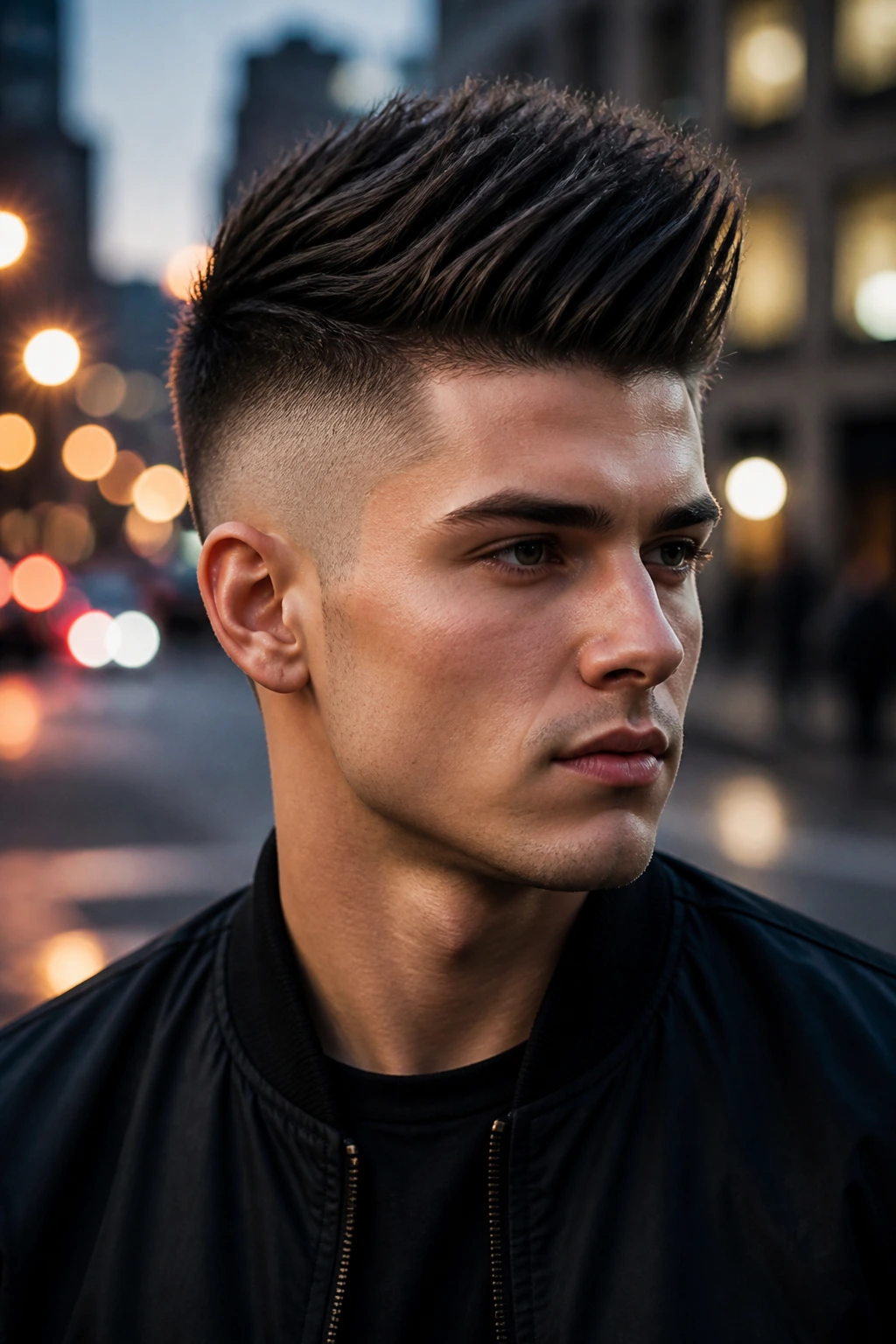 Close-up portrait of a man with an undercut and spiky quiff in an urban setting