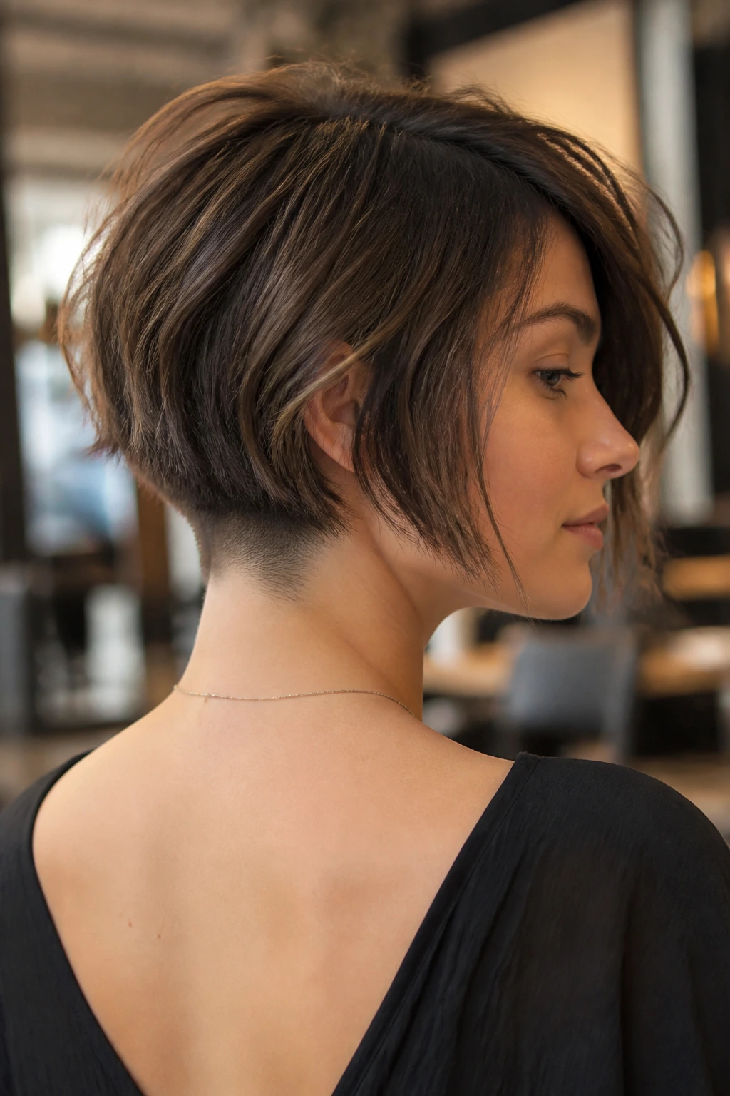 Real woman with undercut razored bob showing nape shave