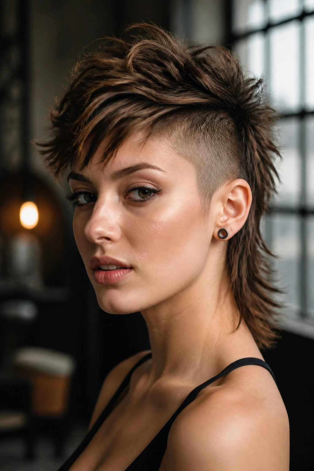 Close-up portrait of a real person with an undercut shag mohawk showing layered center strip