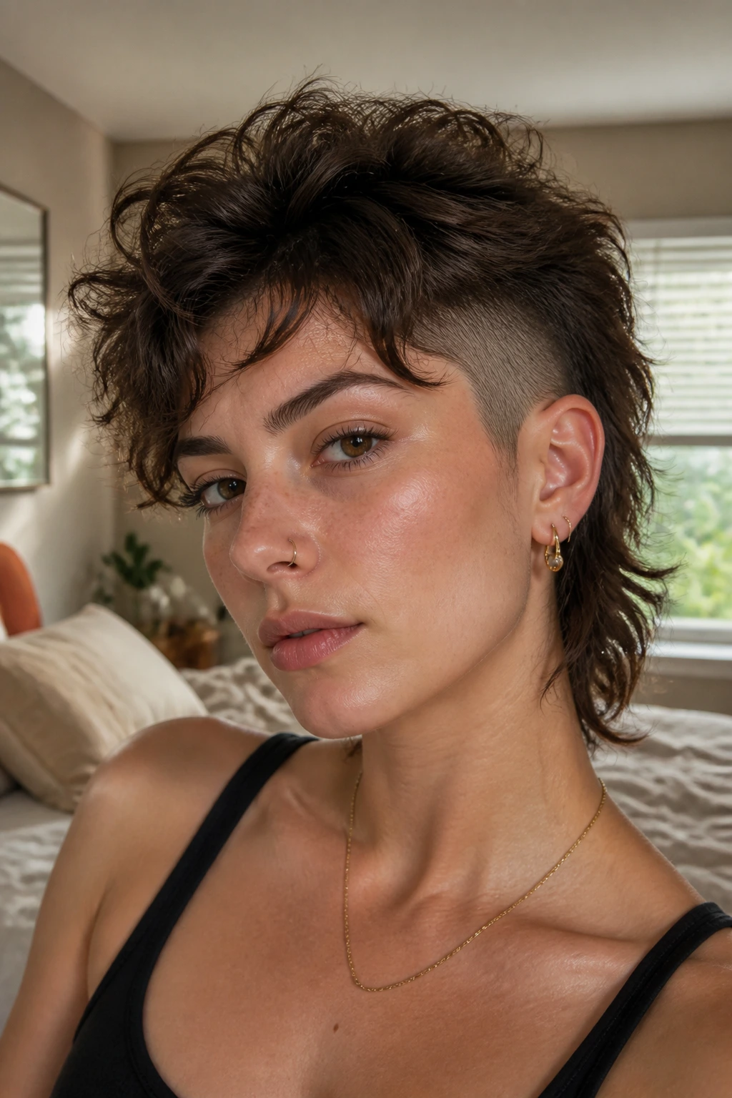 Close-up portrait of a real person with a soft undercut shag mohawk, warm window light
