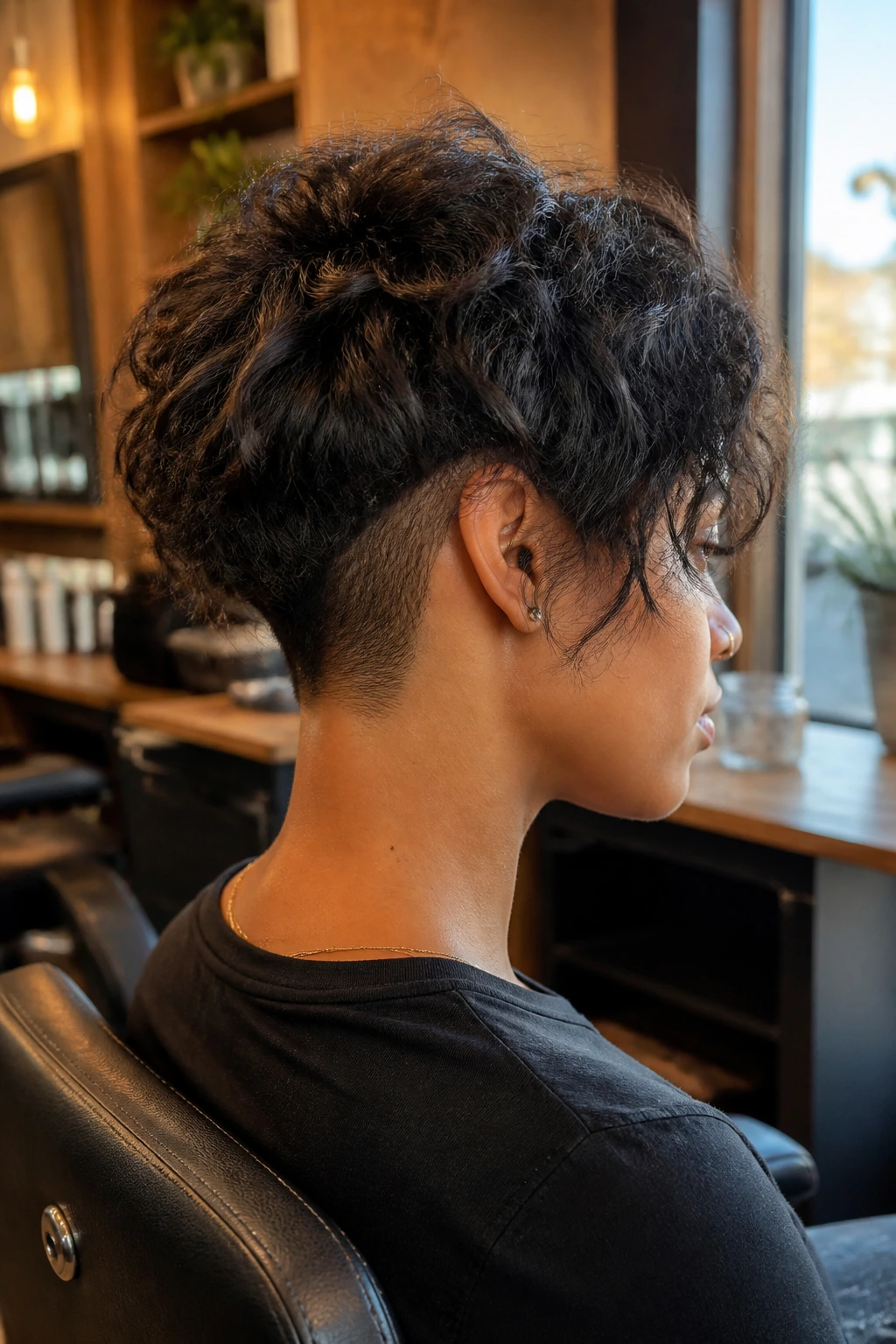 Close-up portrait of a real person with an undercut shag displaying shaved nape and voluminous top layers.