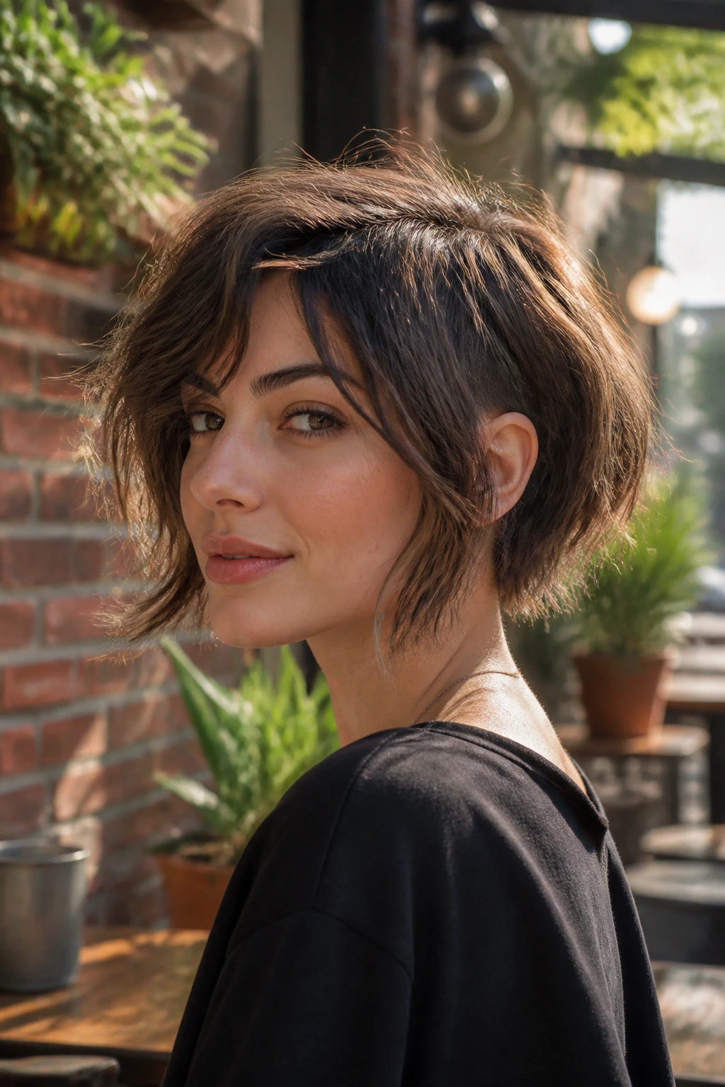 Real person with an undercut shaggy lob on the nape in a cafe setting