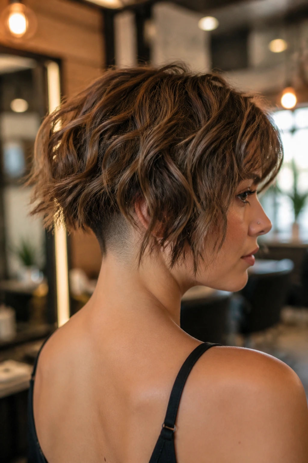 Back-of-head portrait showing undercut shattered bob on a real woman