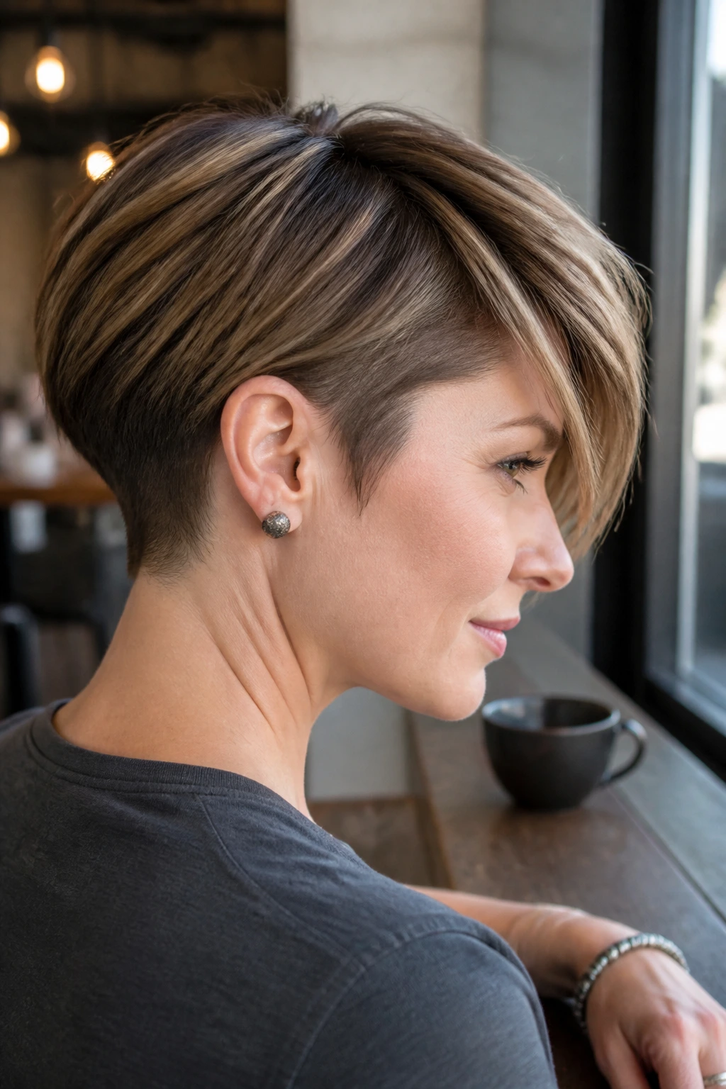 Portrait of a woman with undercut and side-swept crop in natural daylight