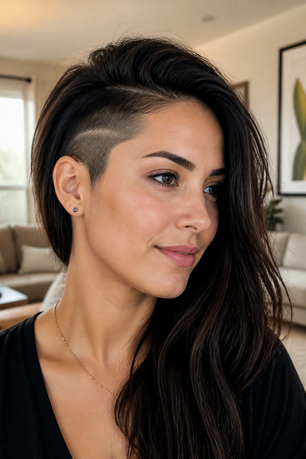 Close-up of a woman with a long side-swept undercut showing shaved patch near temple