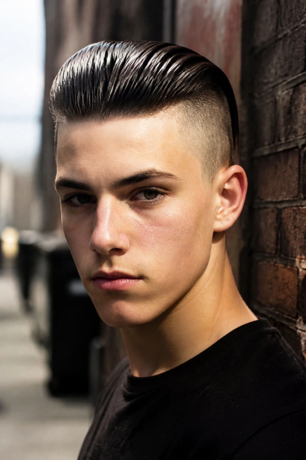 Teen with slicked-back undercut in urban setting.