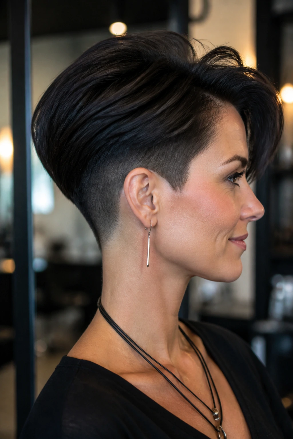 Real woman with a short edgy undercut stack on thick hair