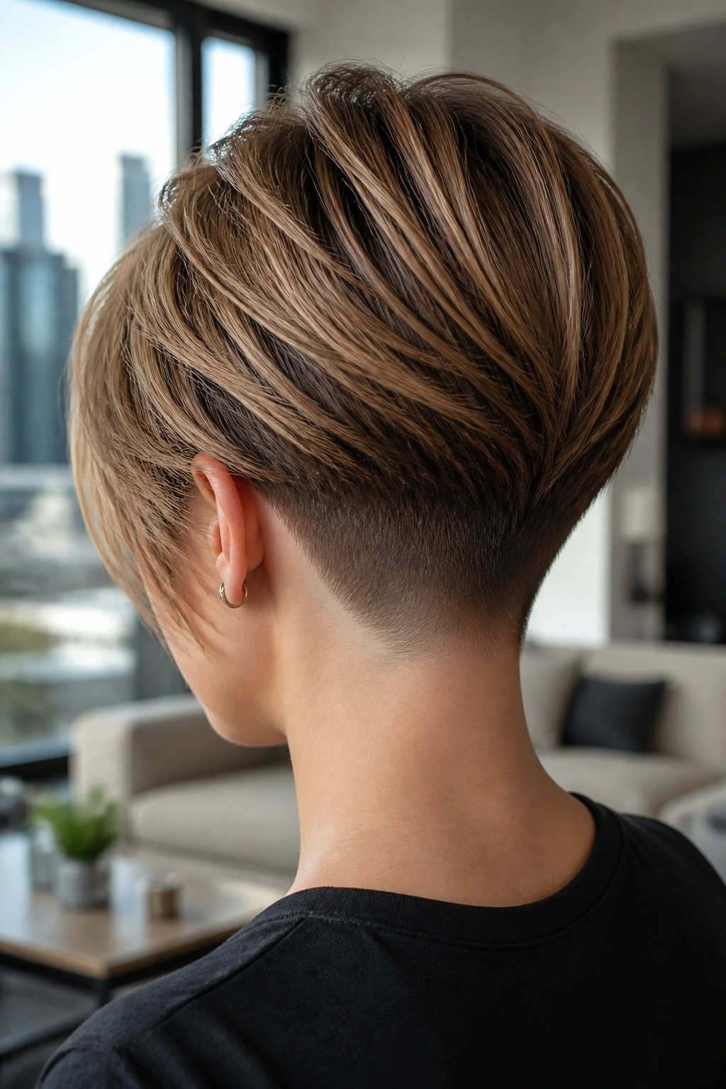 Back-of-head portrait of a real person with an undercut stack showing a shaved nape and stacked top.