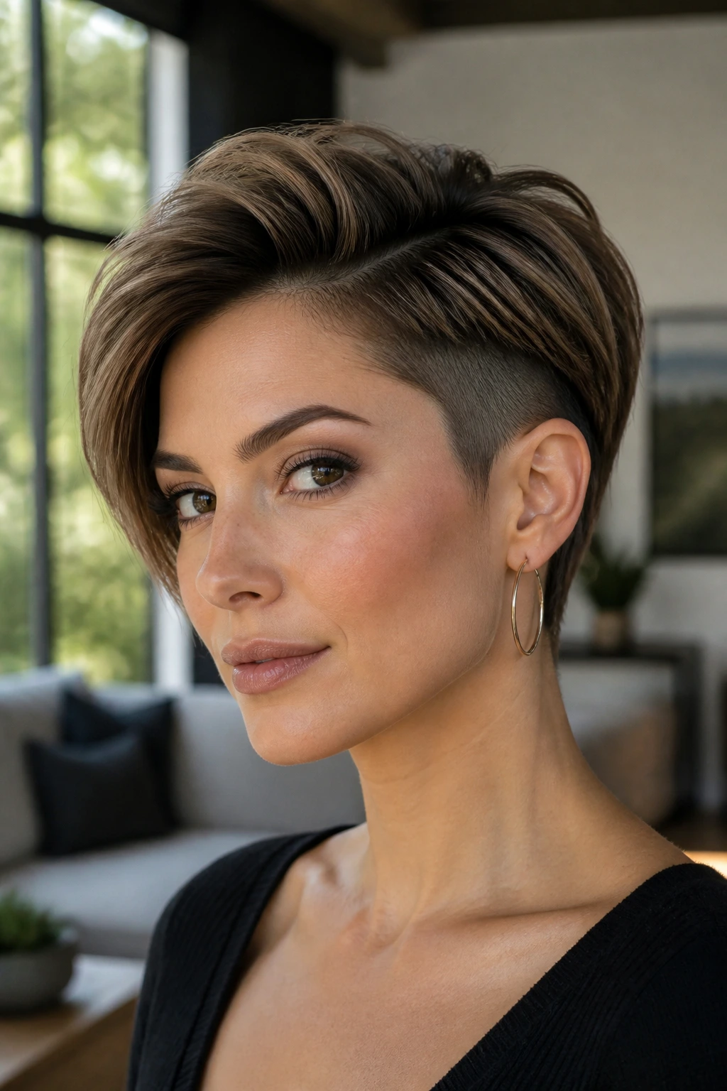 Close-up of a real woman with an undercut stack and crown volume
