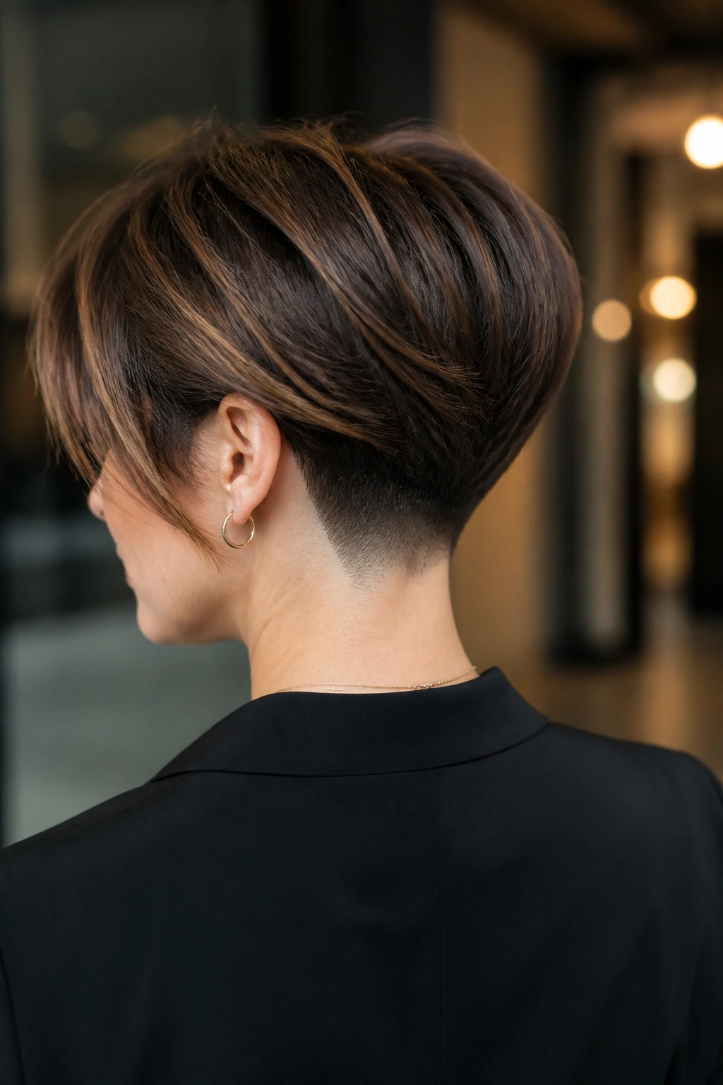 Real woman with undercut stack visible at nape in an office corridor.