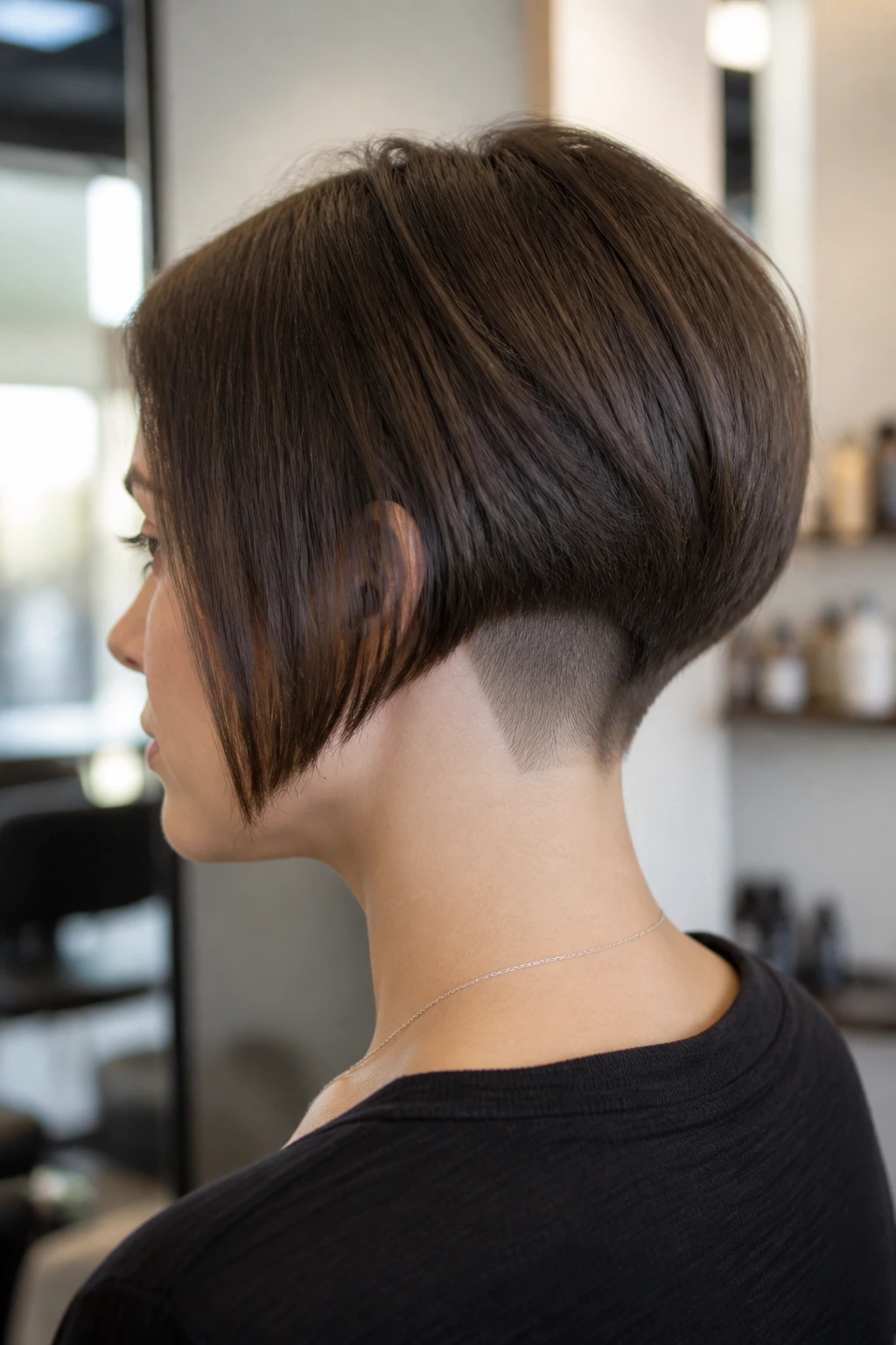 Close-up of a real woman with a nape undercut and longer top in a salon