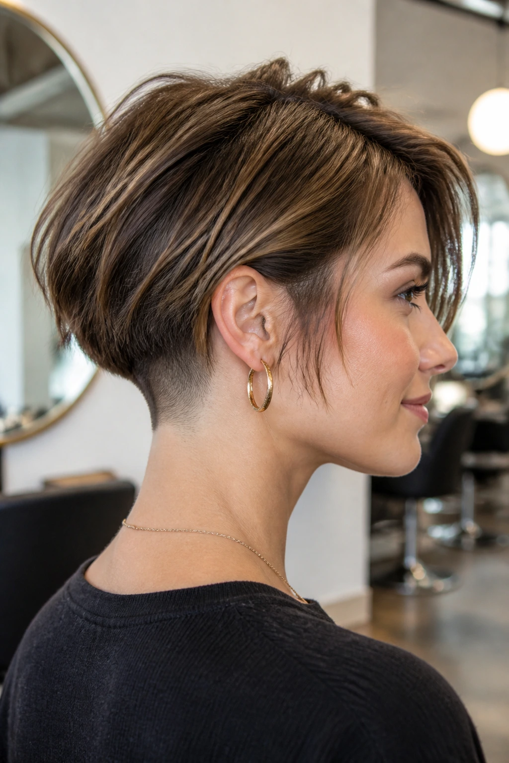 Three-quarter view showing undercut at the nape of a real woman's bob