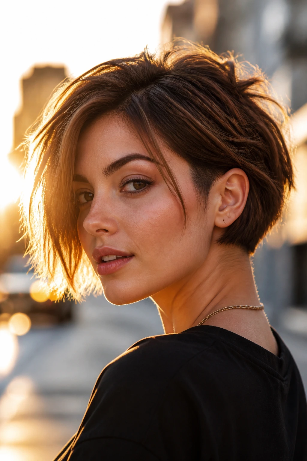 Portrait of woman with undercut texture bob showing shaved nape
