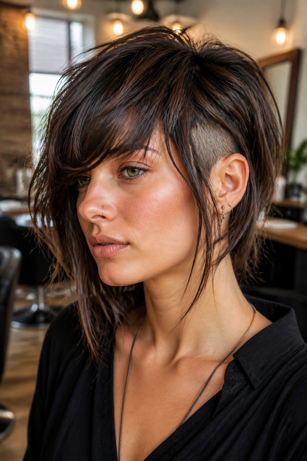 Close-up of a real woman with long textured bangs and hidden undercut in a warm salon.