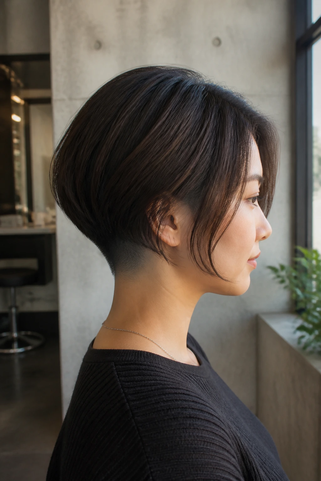 Profile view of a woman showcasing a nape undercut with thick top hair