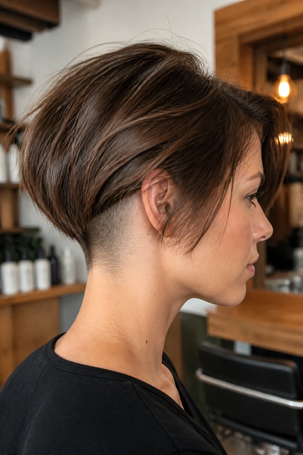 Side-profile of a real woman with an undercut bob for thick hair