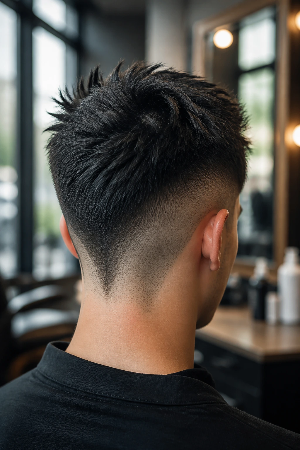 Portrait of a real person with undercut and V-shaped nape hair