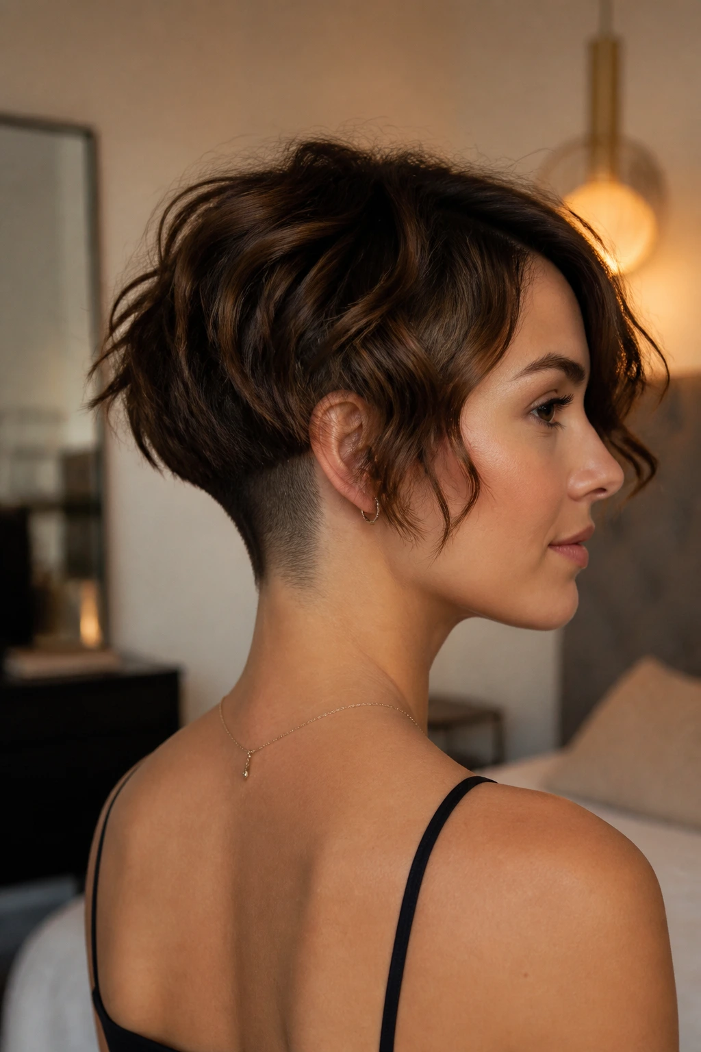 3/4 profile of a real woman with an undercut wavy bob