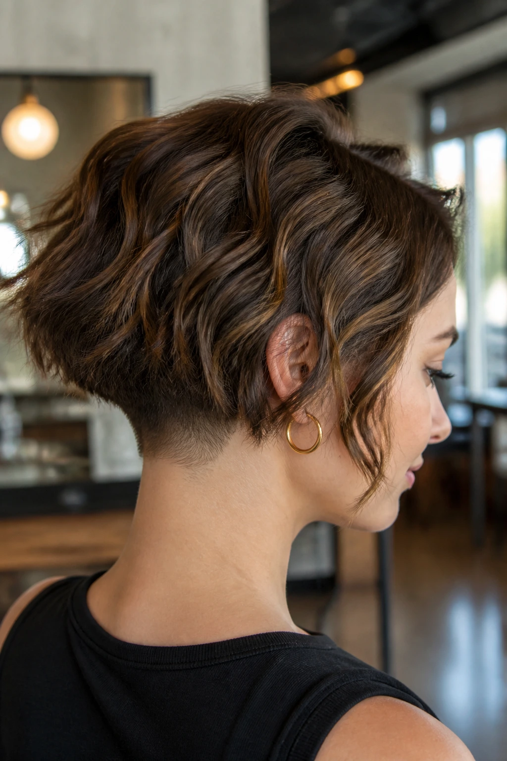 Close-up of a real woman with an undercut at the nape and a wavy bob