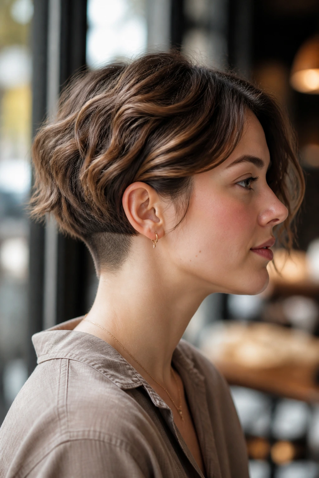 Profile shot of a real woman with an undercut wavy bob at the nape.