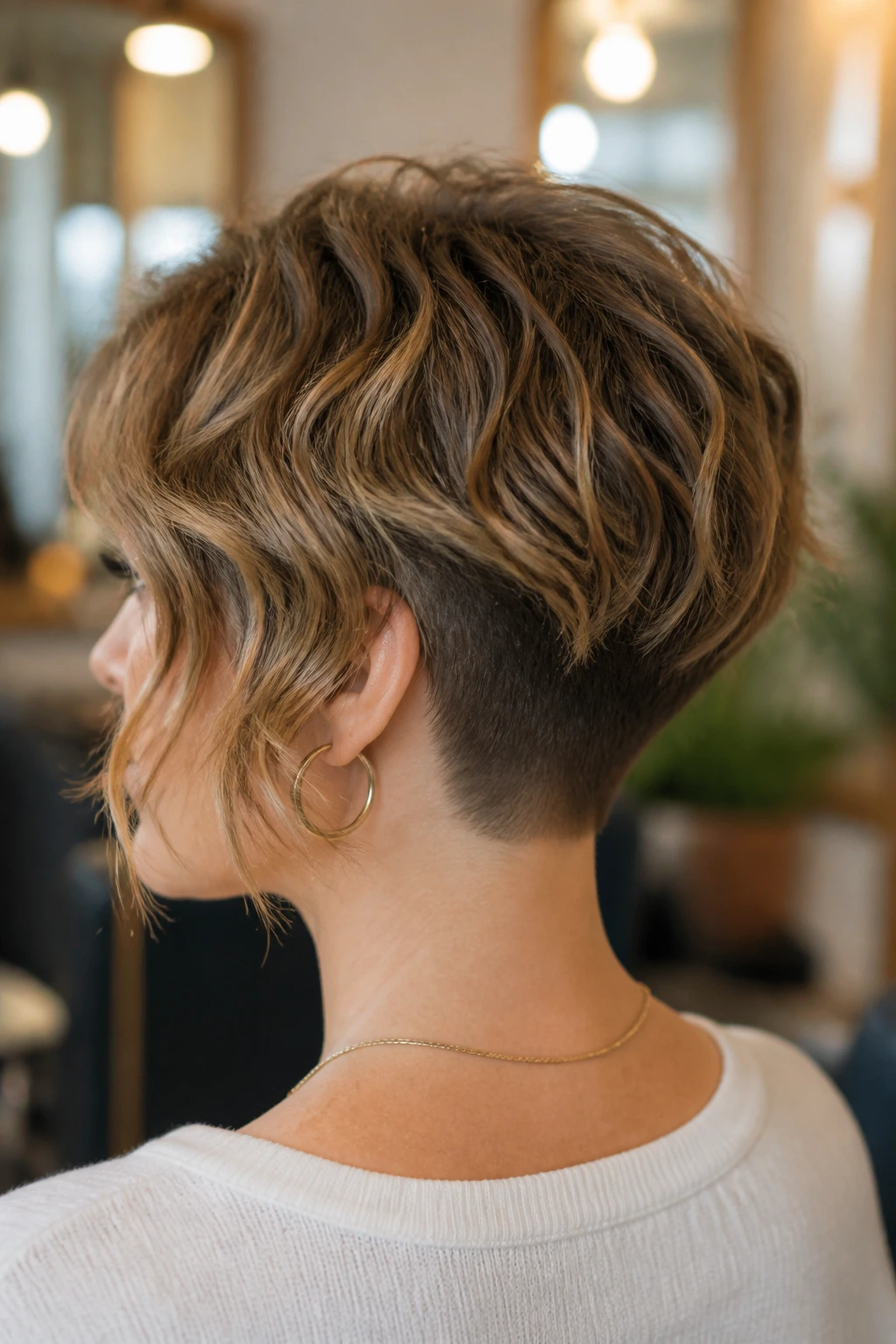 Close-up portrait of a real woman with an undercut at the nape and a wavy bob on top