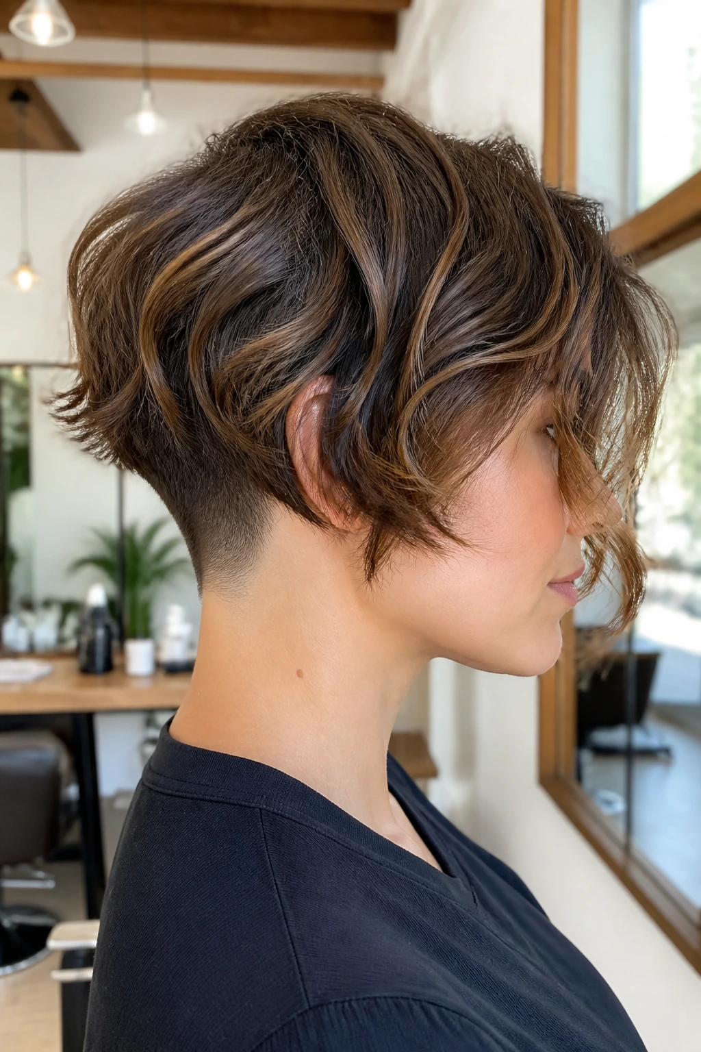 Profile portrait of a real woman with an undercut at the nape and wavy top.