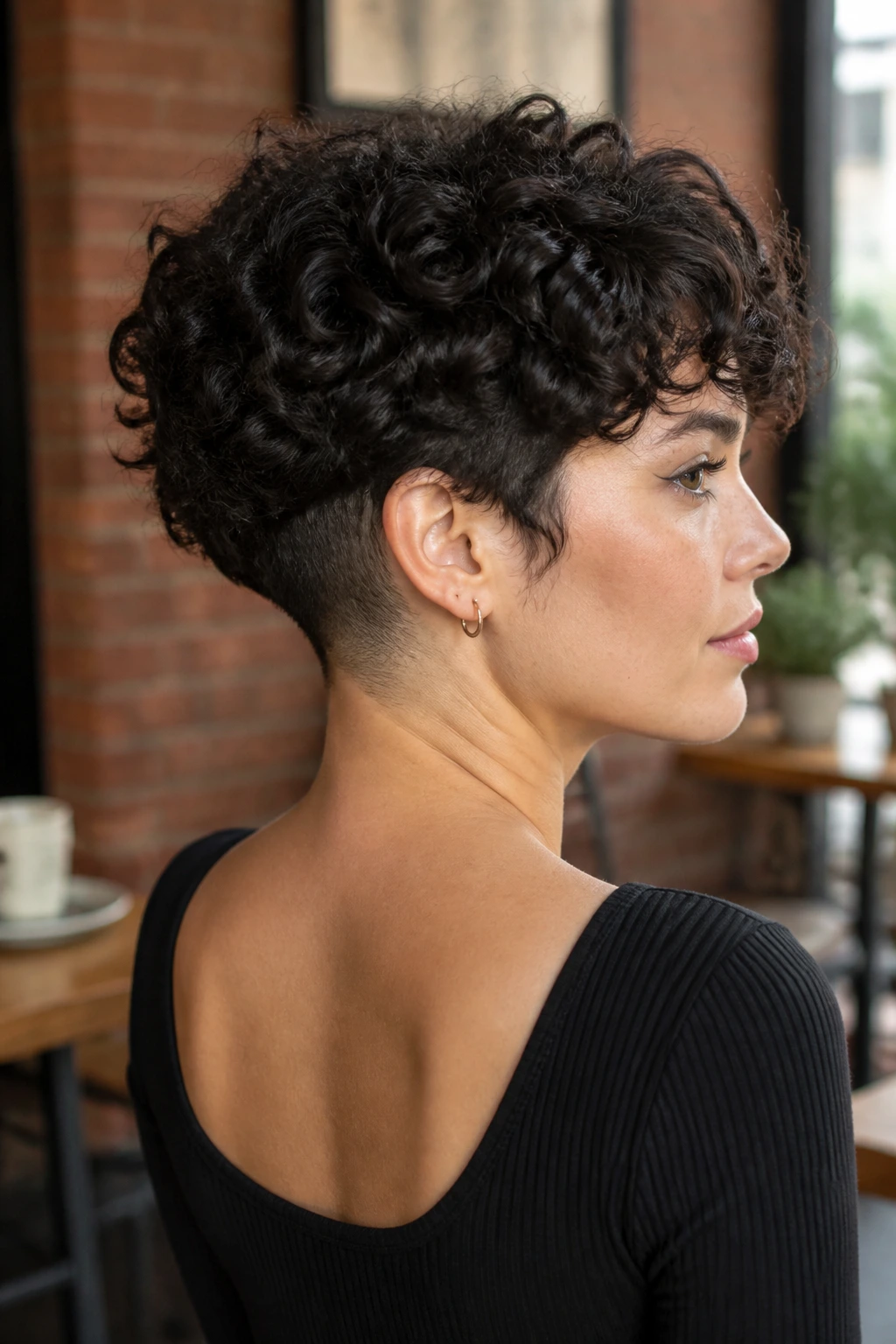 Three-quarter portrait of a real person with an undercut wedge showing shaved nape and curly top