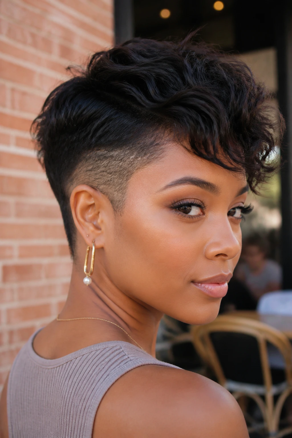 Close-up portrait of a real woman wearing a wig with a textured undercut at the nape against a sunlit cafe backdrop.