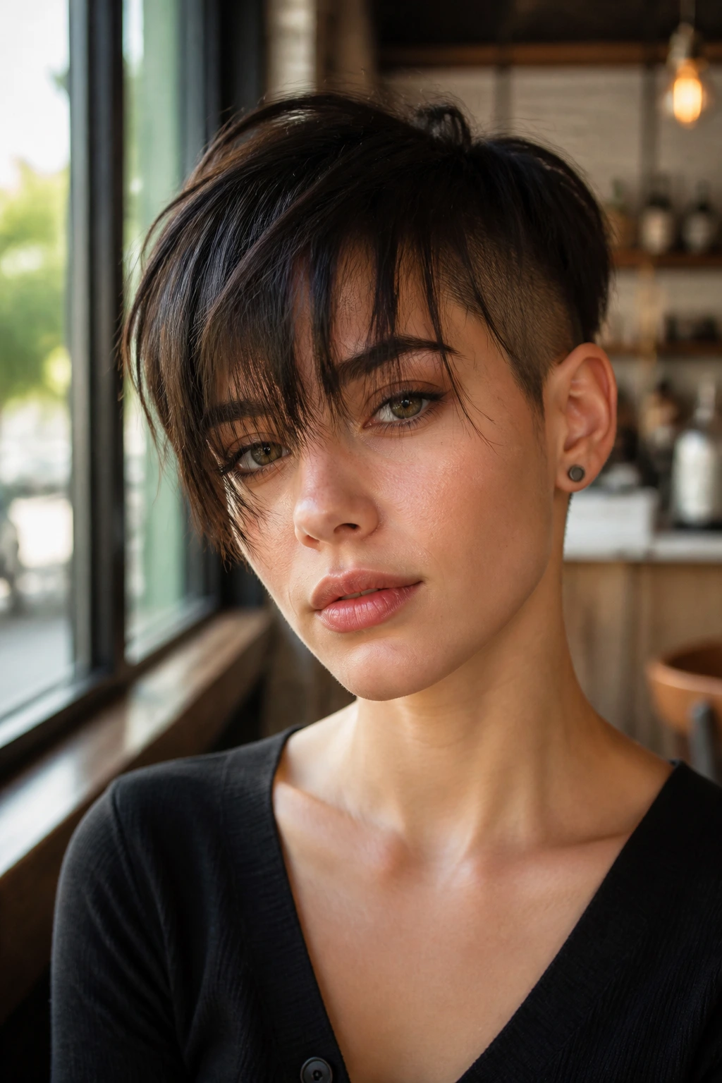 Real person with undercut and wispy bangs photographed by cafe window light