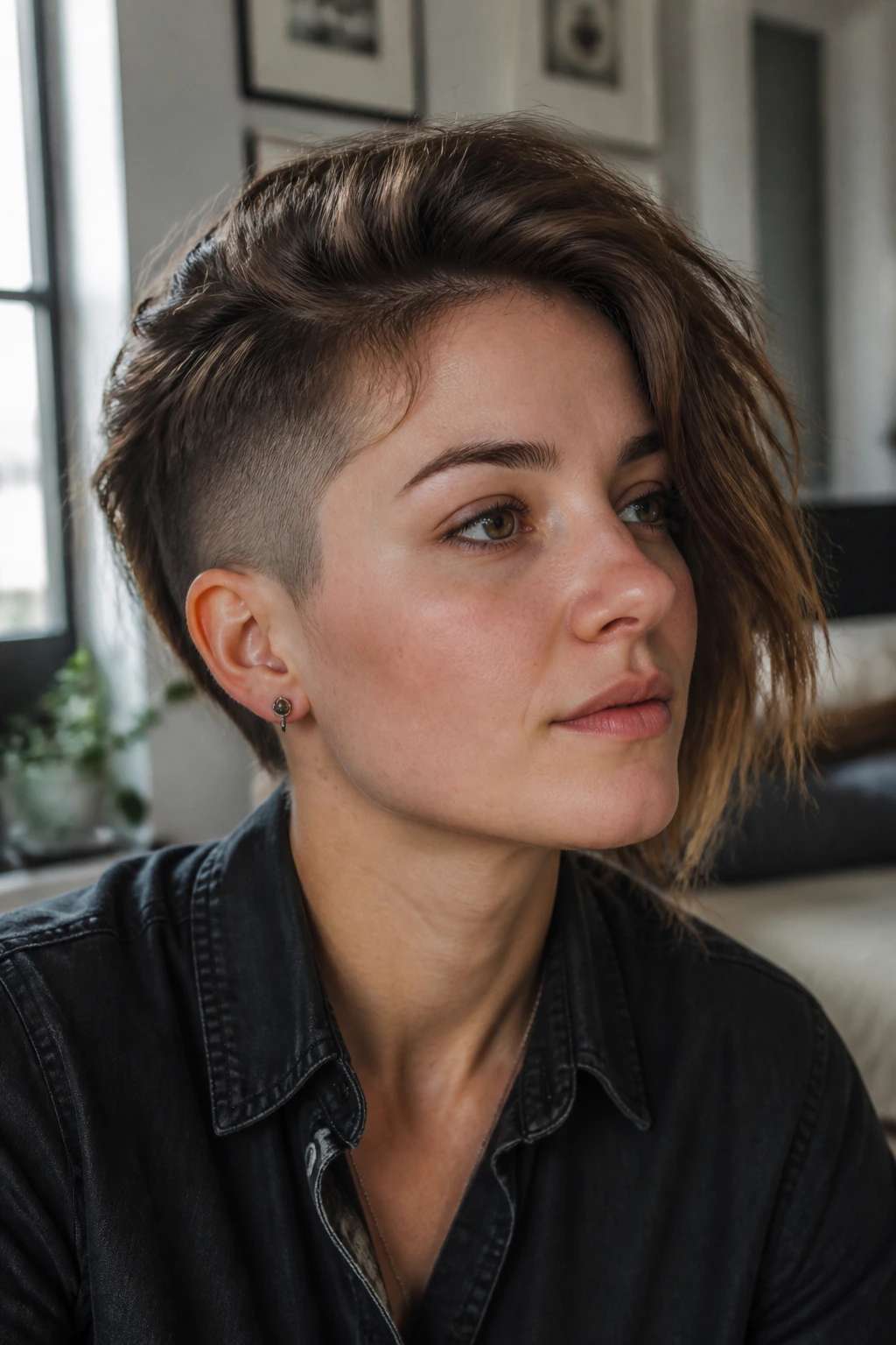 Portrait of a real person with a soft wispy undercut and long top swept over the shaved side