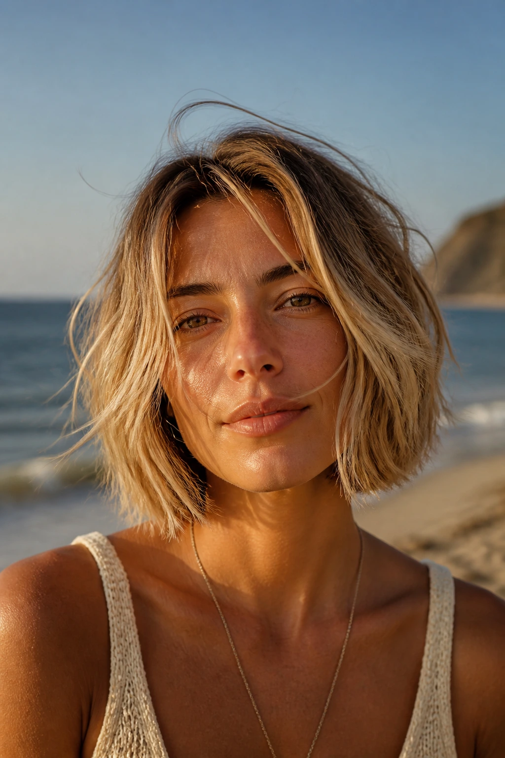 Close-up of a real person with an undone beach bob hairstyle
