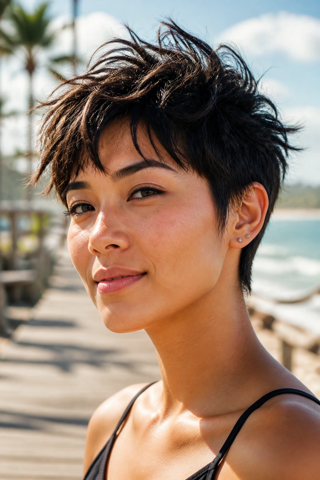 Close-up of a person with an undone beachy pixie hairstyle