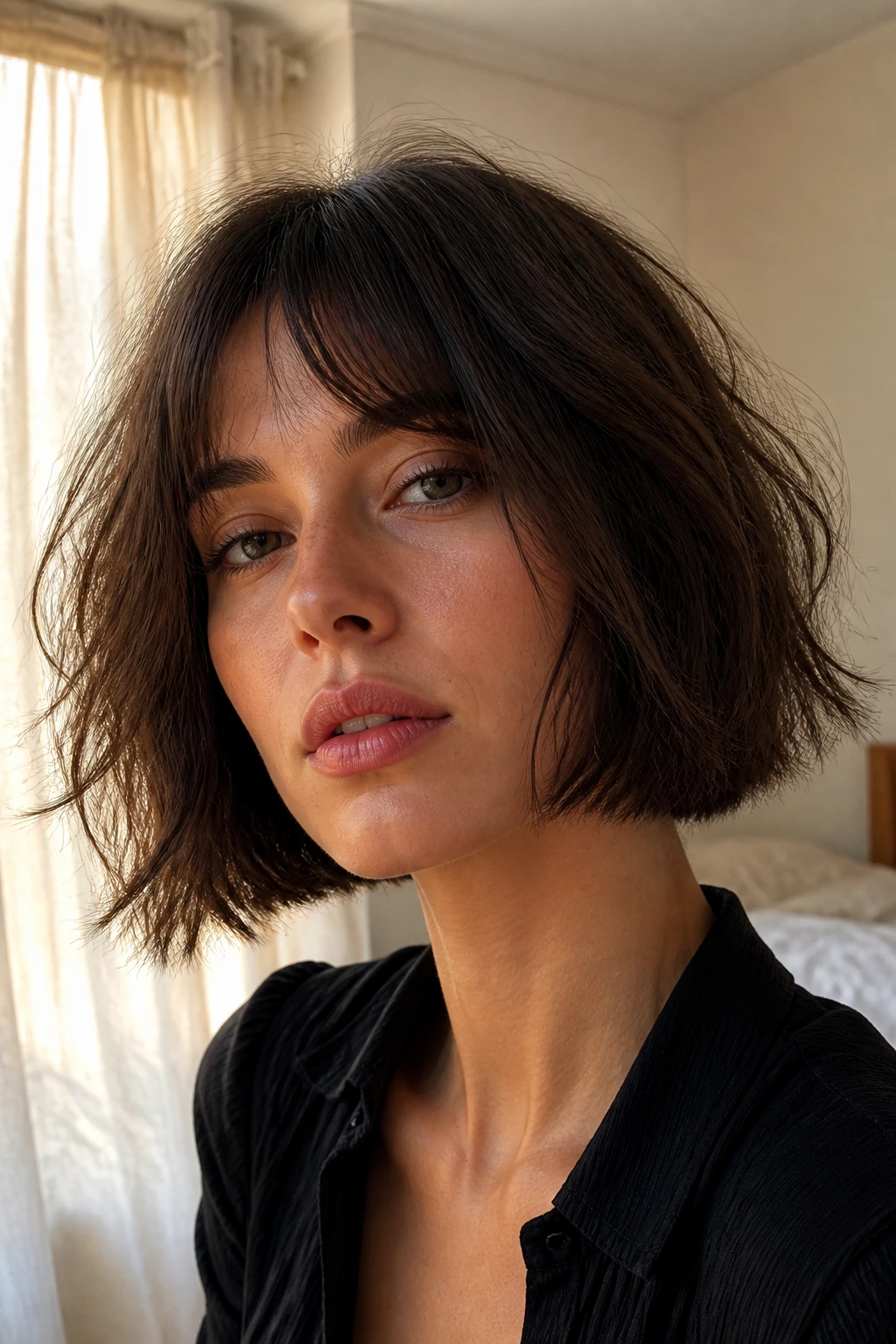 Close-up portrait of a real woman with a chin-length undone French-girl bob in sunlit bedroom