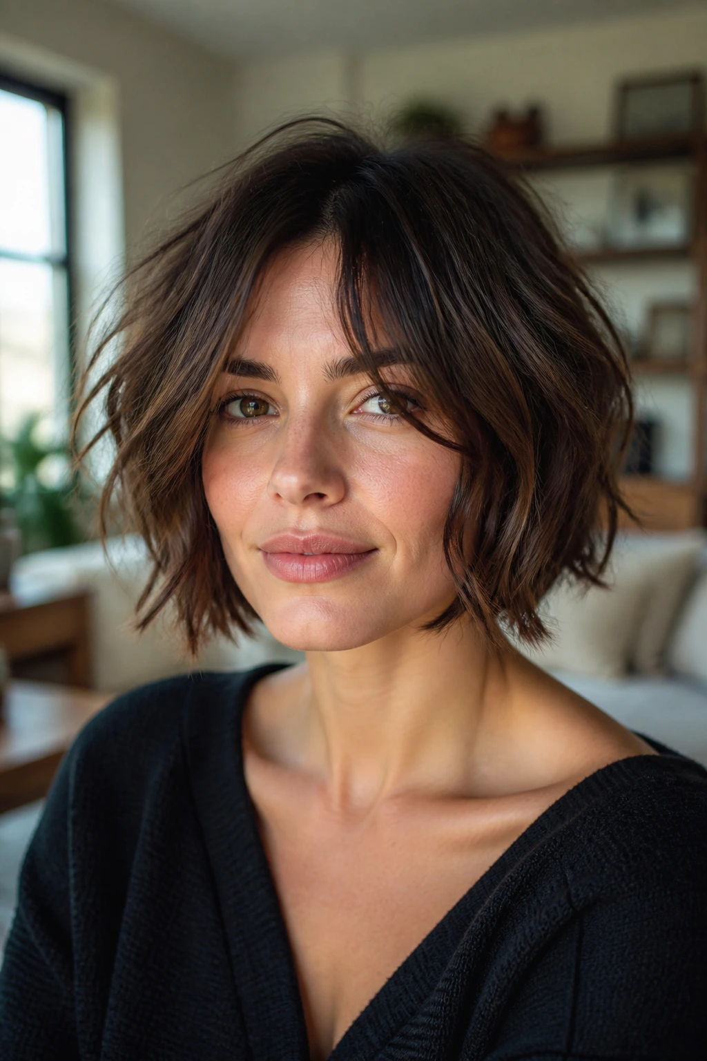 Close-up portrait of real woman with internal layering and piecey ends in an undone bob.