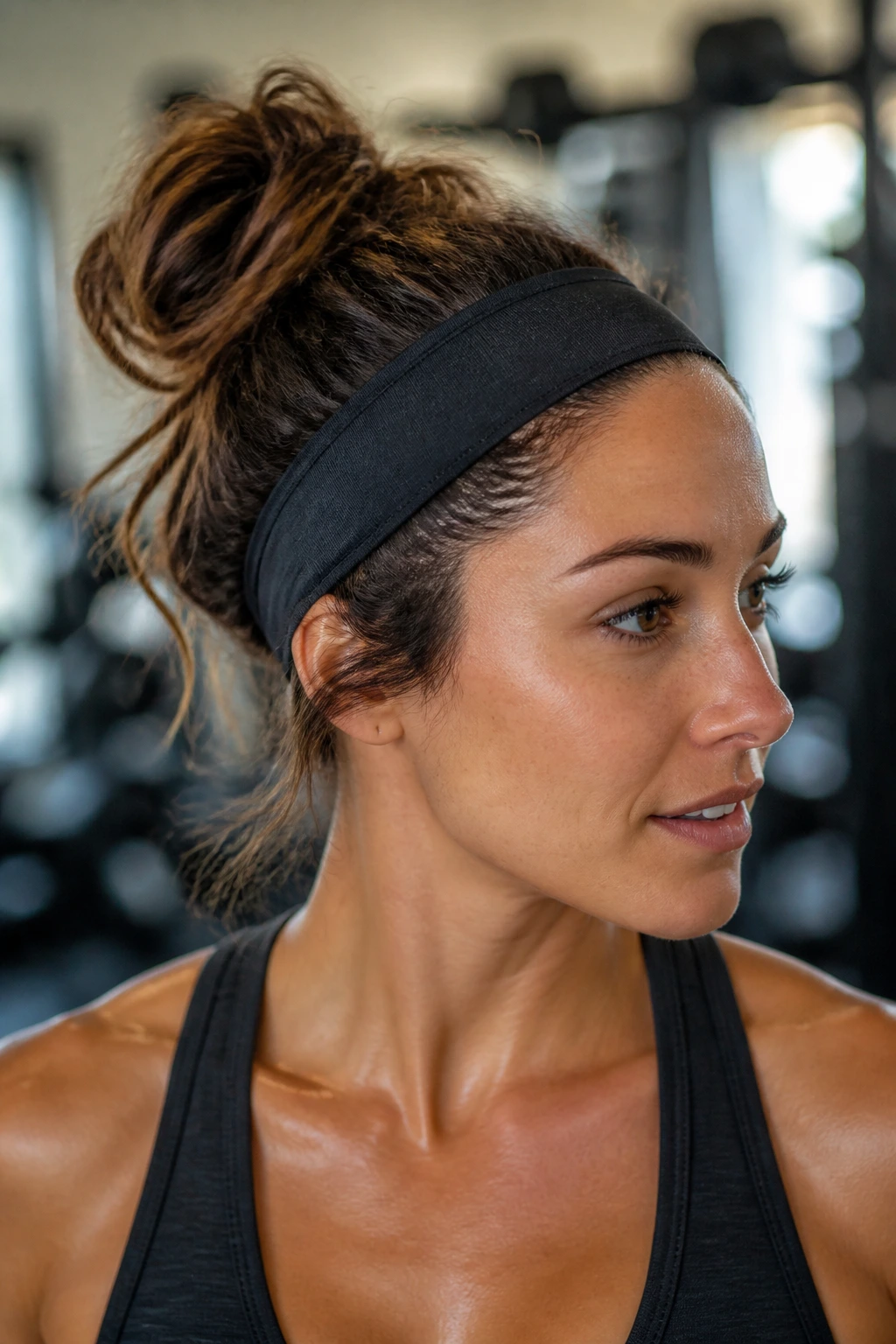 Real woman with undone bun and headband in gym setting