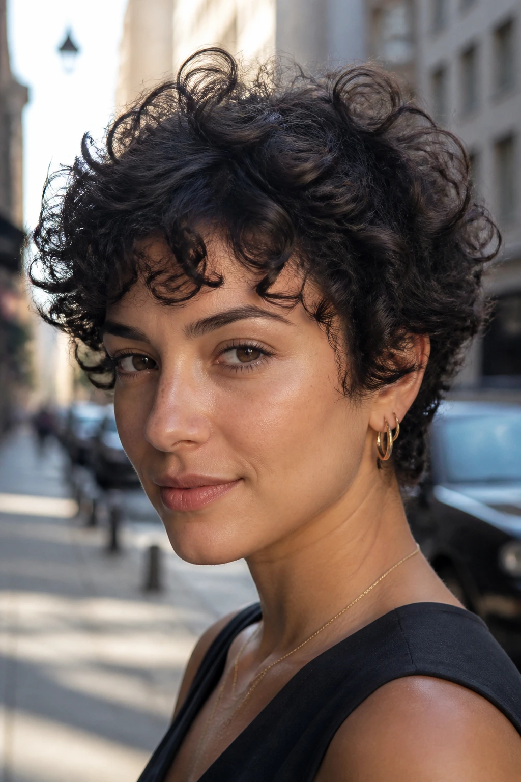 Close-up portrait of a person with an undone curly pixie hairstyle