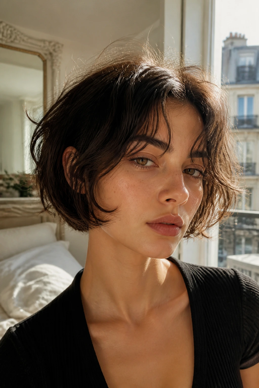 Close-up of a woman with an undone French bob in natural window light