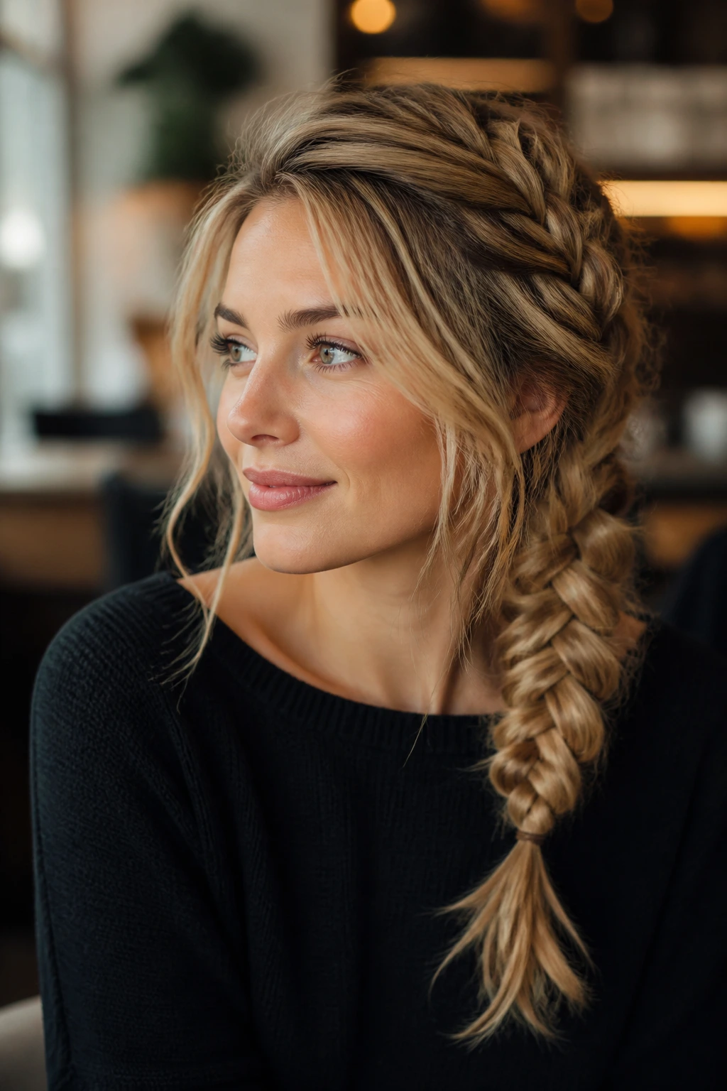 Close-up of a real woman with an undone French side braid in warm cafe light